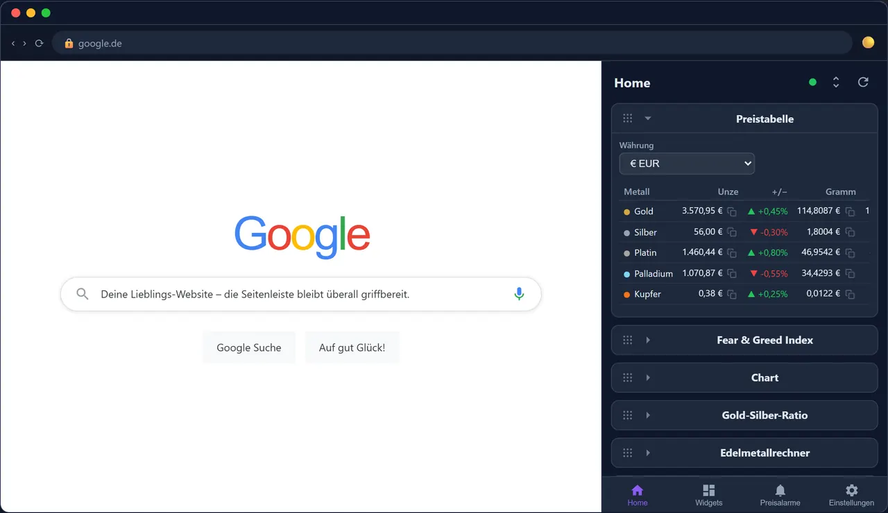 Browser-Erweiterung der Edelmetall Suite — Vorschau