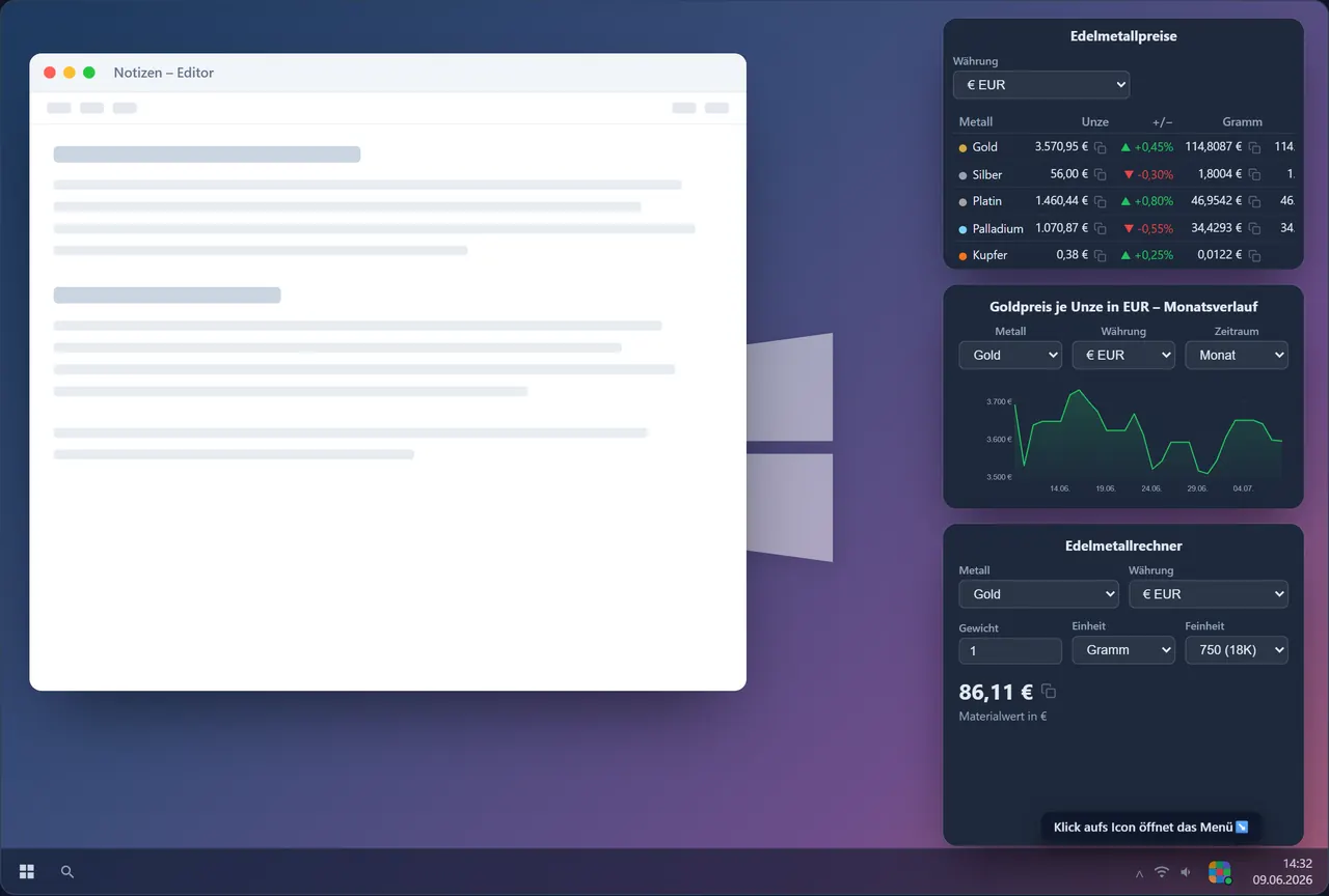 Desktop-App der Edelmetall Suite — Vorschau