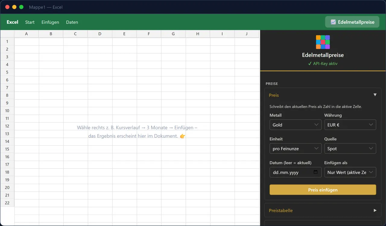 Office-Add-in der Edelmetall Suite — Vorschau